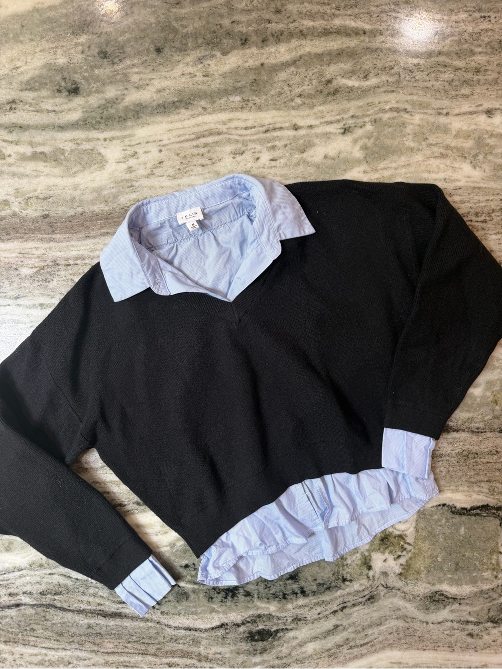 Le Lis Black V-Neck Sweater with Light Blue Shirt Trim